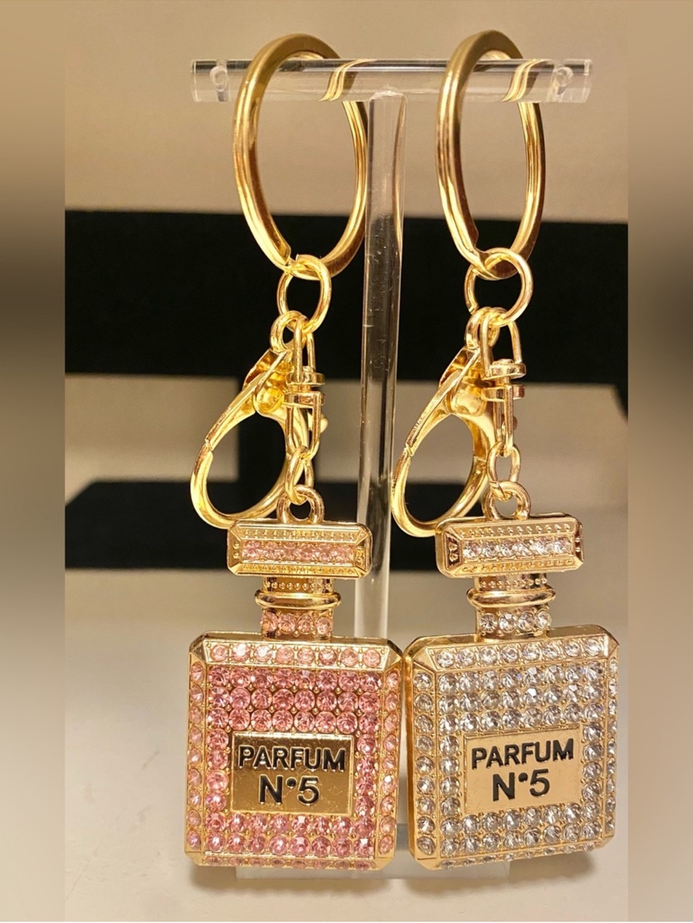 Fashion Jewelry Gold Parfum N°5 Keychain Pair with Pink & Clear Crystals - Lot 2